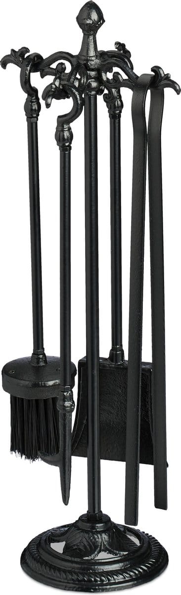 haardset - 5-delig - gietijzer - pook - asschep - borstel - tang - haardstel