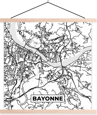 Posterhanger incl. Poster 40x40 cm - Schoolplaat - Kaart - Plattegrond - Frankrijk - Stadskaart - Bayonne - Zwart wit - Textielposter - Blanke latten - Stadskaart