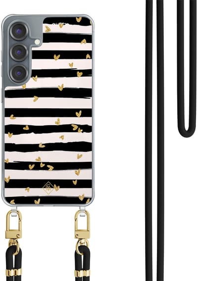 Casimoda® hoesje met koord - Geschikt voor Samsung S25 - Hart Streepjes - Afneembaar koord - TPU/polycarbonaat - Zwart