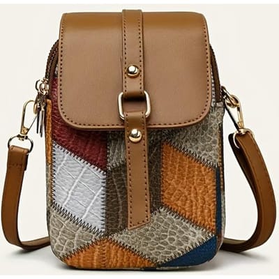 Dames Vintage Geometrisch Patroon Messenger Bag, Geborduurde Gewatteerde Crossbody Schoudertas met Verstelbare Riem, Ritssluiting, Randverf Detail brown