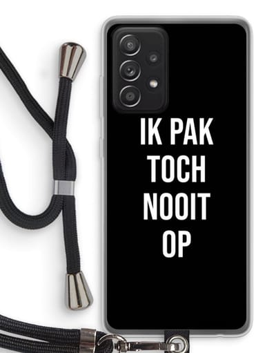 Case Company® - Hoesje met koord geschikt voor Samsung Galaxy A52 hoesje met Koord - Ik pak nooit op - Zwart - Telefoonhoesje met Zwart Koord - Bescherming aan alle Kanten en Over de Schermrand