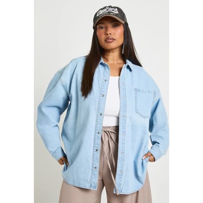 boohoo Dames Plus Oversized Denim Overhemd | Gebleekt | Maat: 44