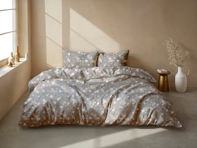 Zohome Aria Dekbedovertrek - Grijs - Lits-jumeaux - Dekbedhoes van 100% Katoen-Flanel - Bloemen - 260x220 + 2 slopen 60/70 cm - AW25