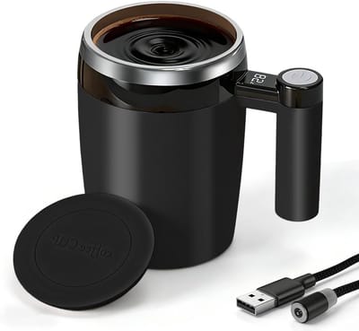 Elektrische zelfroerende mok 400 ml met temperatuurdisplay, USB-aansluiting, draagbare koffiehouder met antislip bodem en ideaal voor onderweg
