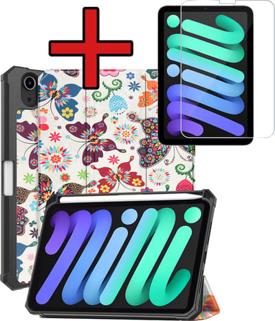 Hoesje - Geschikt voor Apple iPad Mini 7 (2024) - 8.3 inch - 7e Generatie - Met Screenprotector - Trifold Bookcase Hoes - Hard Cover Case - Met Uitsparing Geschikt voor Apple Pencil - Hardcover Book - Tablethoes - Vlinders
