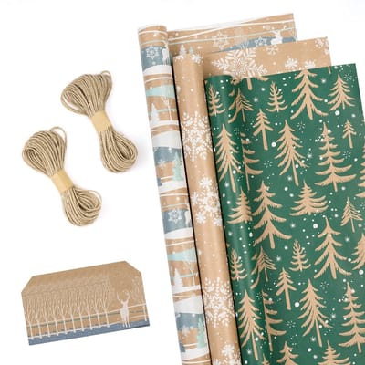 Dailygoody - Kerstpapier Rolls - Cadeaupapier - 3 Rollen - 43 cm x 3 meter - Etiketten en Jute Koord - Geschikt voor Cadeaus - IJsblauw en Kraft