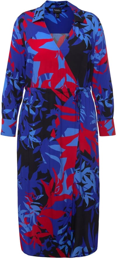 Ulla Popken - Dames - Midi-jurk bloemprint A-lijn V-hals lange mouwen - Titan blue - Maat 50+