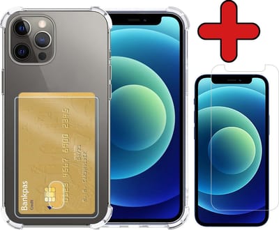 Hoesje - Geschikt voor Apple iPhone 12 Pro - Met Screenprotector - Pashouder - Kaarthouder - Back Cover - Telefoon Hoes Shockproof - Siliconen Case - Shock Proof - Pasjes Houder - Telefoonhoes - Transparant