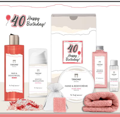 Geschenkset “40 Jaar, Happy Birthday!” - 7 producten - 850 gram | Cadeau Vrouw - Giftset voor haar - Giftset Verjaardag Feestje Veertig jarige - Cadeaupakket Vriendin jarig - Gefeliciteerd Cadeau - Gift Set Party - Roze Koraal Rood