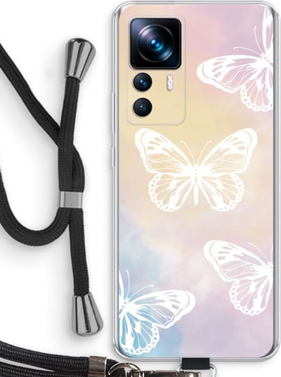 Case Company® - Hoesje met koord geschikt voor Xiaomi 12T hoesje met Koord - White butterfly - Telefoonhoesje met Zwart Koord - Bescherming aan alle Kanten en Over de Schermrand