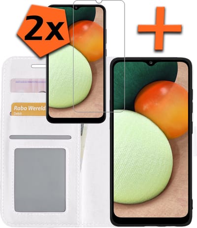 Hoes - Met 2x Screenprotector - Geschikt voor Samsung Galaxy A02s - Luxe Pasjeshouder - Bookcase Portemonee - Flip Case - Kunstleer Book Case - Flipcase Hoes - Book Cover - Walletcase - PortemonneeHoes - Wit