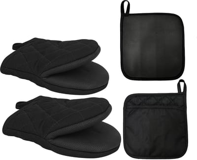 Ovenwanten - Hittebestendige Ovenwanten - Pannenlappen Set - 4-delig - Zwart - Ovenhandschoenen Hittebestendig tot 260°C (500F) - Machinewasbaar - Keukenset