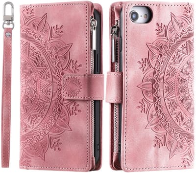 Telefoonhoesje geschikt voor iphone 17e / iphone 16e - Portemonnee met rits - book-case hoesje - ruimte voor 7 pasjes - mandala bloemen roze