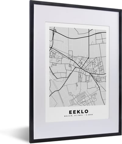 Fotolijst incl. Poster Zwart Wit- Kaart – Plattegrond – Stadskaart – Eeklo – België – Zwart Wit - 30x40 cm - Posterlijst