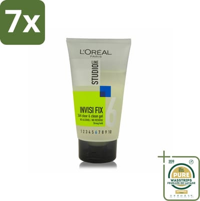 7 x L'Oréal Studio Line Invisi Fix 24H Clear & Clean Gel Strong 150 ml - Grootverpakking - 24 Uur Fixatie - Natuurlijke Look - Haar Fixatie - Gel Haar - Gezond Haar