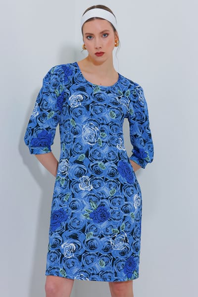 Geborduurd Bloemen Midi-jurk met Driekwart Mouwen