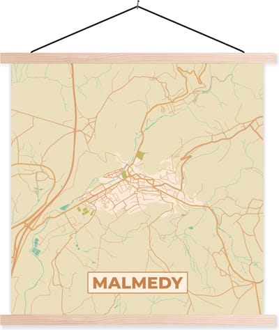 Posterhanger incl. Poster 40x40 cm - Schoolplaat - Stadskaart - Vintage - Kaart - Plattegrond - Malmedy - Textielposter - Blanke latten - Stadskaart