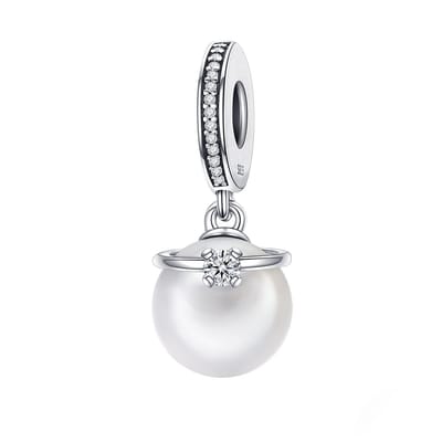 Parel ring Zirkonia dangle bedel | bedels voor armband | Pearl bead | bedels beads cadeau | Zilverana | geschikt voor alle bekende merken | 925 zilver | moederdag