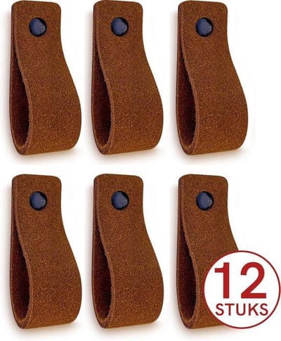 Leren handgrepen van zacht suede - Cognac - 24 stuks - 16,5 x 2,5 cm - incl. 3 kleuren schroeven - Handgrepen leer - Leren meubelgreep - Leren handvaten kast - Leren lus - Handgreep kast leer - Leren greepjes - Handvat leer - Leren deurgreep