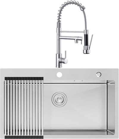 CECIPA max Spoelbak Keuken 75x45CM - Enkele spoelbakken Met keukenkraan met uittrekbare uitloop - Spoelbakken Keuken – Spoelbakken met afdruip - Zilver