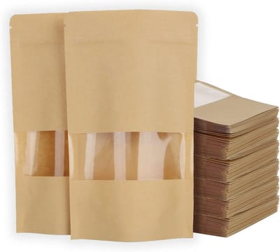 200 Stuks Papieren Zakjes met Venster, 16 x 22 cm Staande Bodem Zakjes van Kraftpapier voor Noten en Voedselverpakking