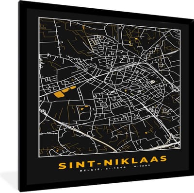 Fotolijst incl. Poster - Stadskaart - Sint-Niklaas - Plattegrond - Goud - Kaart - 40x40 cm - Posterlijst