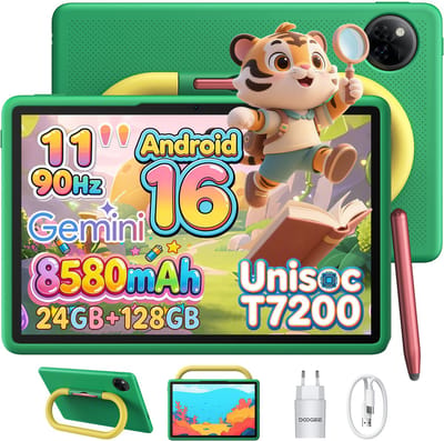 DOOGEE U11 Kid - Kindertablet - Tablet - 24 GB RAM (4+20 GB Extended) + 128 GB ROM - 11 inch HD 90 Hz - Android 16 - 8580 mAh - WiFi 2.4/5 GHz - Inclusief Kindvriendelijk Hoesje & Styluspen - 13 MP Camera - Groen