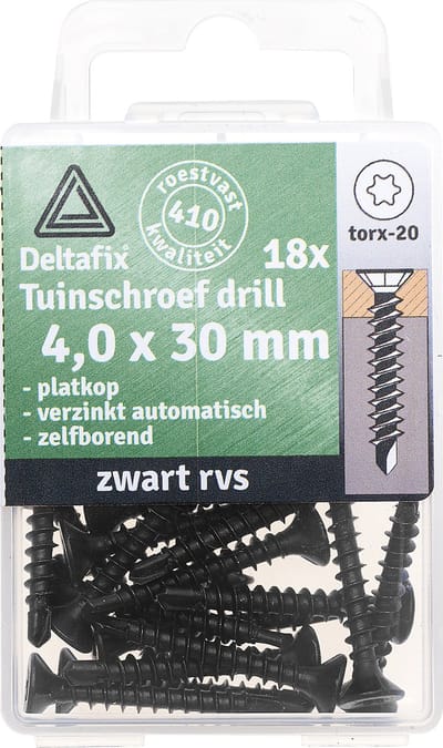 Deltafix spaanplaatschroeven 4,0 x 30 mm - RVS 410 - zwart - Torx - boorpunt - 18 stuks