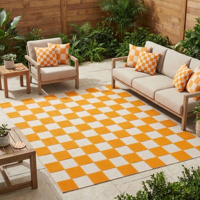 Tapiso Checker Buitenkleed Weerbestendig Buitentapijt Balkon Tuin Terras - Wasbaar UV-bestendig Slijtvast Balkontapijt Indoor Outdoor Tapijt Crème Oranje 160x220