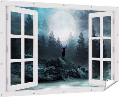 Gards Tuinposter Doorkijk Hert op een Rots tijdens Volle Maan - 180x120 cm - Tuindoek - Tuindecoratie - Wanddecoratie buiten - Tuinschilderij