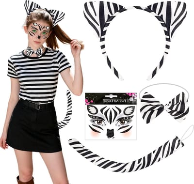Zebra Kostuum Set met Oren, Haarband, Vlinder, Staart en Gezichtstatoeages voor Carnaval, Halloween en Verkleedfeest