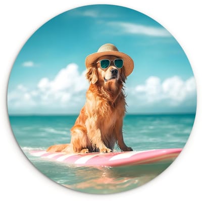 WallCircle® Wandcirkel 120x120 cm - Muurcirkel Zeewater - Hond - Golden retriever - Zonnebril - Muurdecoratie woonkamer - Wanddecoratie slaapkamer - Kamer decoratie accessoires - Ronde schilderijen XXL