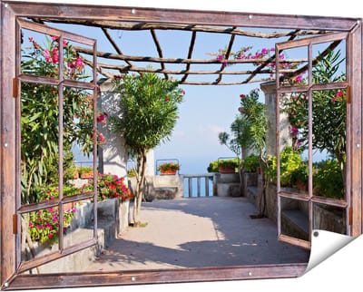 Gards Tuinposter Doorkijk Terras - 150x100 cm - Tuindoek - Tuindecoratie - Wanddecoratie buiten - Tuinschilderij