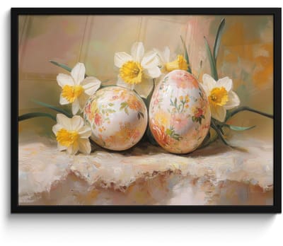 Poster in lijst - Fotolijst 70x50 cm - Posters - Bloemen - Eieren - Geschilderd - Posterlijst zwart - Decoratie - Wanddecoratie woonkamer - Muurdecoratie slaapkamer