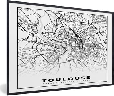 Fotolijst incl. Poster Zwart Wit- Kaart - Stadskaart - Frankrijk - Toulouse - Plattegrond - Zwart wit - 60x40 cm - Posterlijst