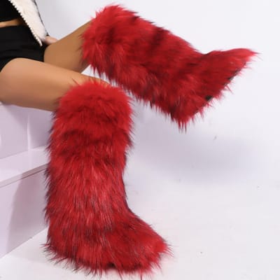 Dames Knielange Fuzzy Faux Fur Laarzen - Zacht, Warm en Comfortabel Instapmodel met Platte Hak Dames Pluche Warme Plateauschoenen 36 rood