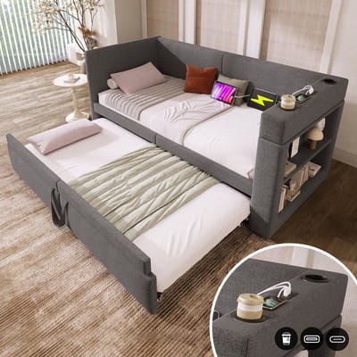 Sweiko Slaapbank - 90*200cm - met Uitschuifbaar bed - USB/Type-C - Bekerhouder - Linnen - Grijs