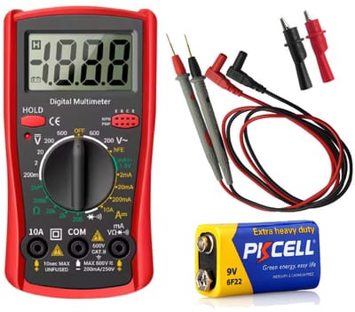 Digitale Multimeter - AC / DC - Transistor tester - Incl. 9V Batterij & meetsnoeren - Multi Meter - Rood