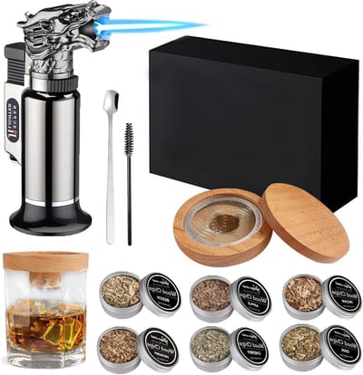 Complete Whiskey Smoker Set met 6 Houtchips en Flambé Branders voor Perfecte Cocktails, Whisky en Bourbon - Ideaal Cadeau voor Vader en Cocktail Liefhebbers
