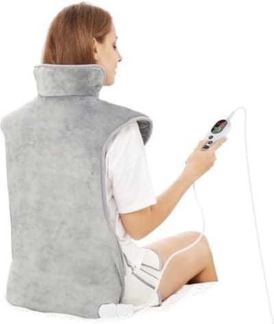 PolkaHome Elektrisch verwarmingskussen voor rug, nek en schouders (60x100cm) Fast-Heat verwarmde warmer met heupband, 3 warmteniveaus, automatische uitschakeltimer