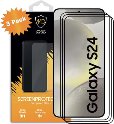 3-Pack MobyDefend Screenprotectors - Geschikt voor Samsung Galaxy S24 - Screensavers Met Zwarte Randen - Gehard Glas