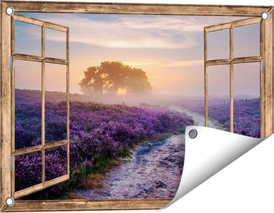 Gards Tuinposter Doorkijk Pad in de Weide van de Veluwe - 60x40 cm - Tuindoek - Tuindecoratie - Wanddecoratie buiten - Tuinschilderij