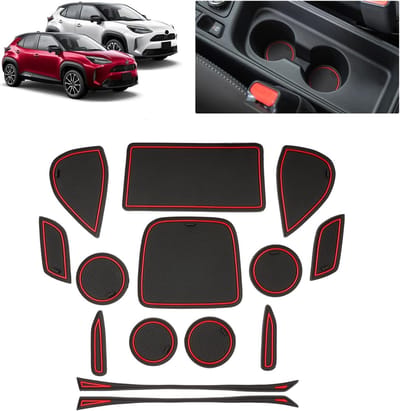 Non-slip rubberen matten voor Toyota Yaris Cross 2021-2025 - Centerconsole, bekerhouder en deurgroef bescherming met rode accenten