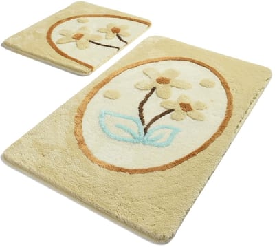 Bosdela Set van 2 badkamermatten 60 x 100 cm + 50 x 60 cm badkamermatten, wasbaar, zacht en comfortabel – toiletmat + badmat – ideaal voor badkamer en toilet, met bloei