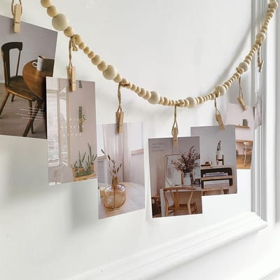 Dailygoods- Fotodisplay met verlichting - Houten kralen - Fotoslinger met knijpers - Muurdecoratie voor slaapkamer - Vintage stijl - Hoogwaardig hout