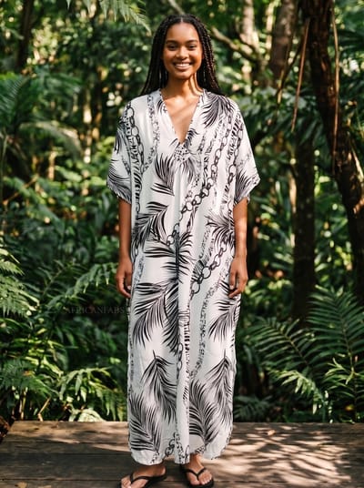 Boho rayon kaftan jurk - Wit Zwart Palm Chains - Strand Cover Up Caftan Maxi Jurk