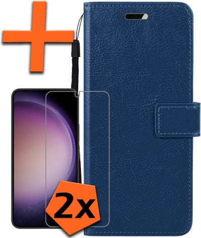 Hoes - Met 2x Screenprotector - Geschikt voor Samsung Galaxy S23 - Luxe Pasjeshouder - Bookcase Portemonee - Flip Case - Kunstleer Book Case - Flipcase Hoes - Book Cover - Walletcase - PortemonneeHoes - Donkerblauw