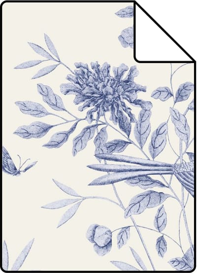 Proefstaal ESTAhome behang bloemen en vogels delfts blauw - 26.5 x 21 cm - 132115-S