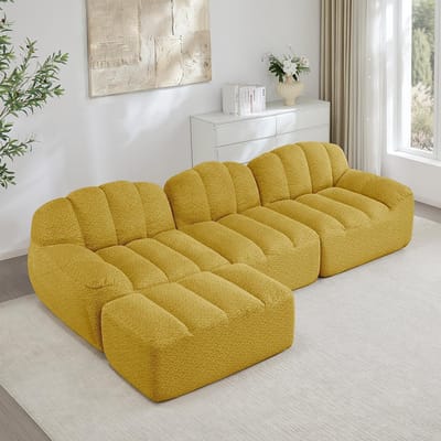 BLACKCOLORS Modulaire L-vormige bank met 3 zitplaatsen en 1 chaise longue, Boneless-bank met 32D-schuim van hoge dichtheid, diepe zitting, ideaal voor de woonkamer, zachte stof, geel
