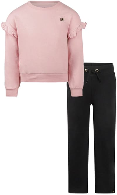 Koko Noko - Basic collection - Biologisch katoen - Kledingset - 2 delig - Joggingbroek Zwart - Sweater Dusty pink met roesjes - Maat 92